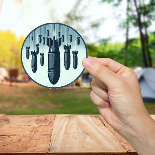 Hand holding a circular object with black bullet-like shapes against a blurred outdoor background
