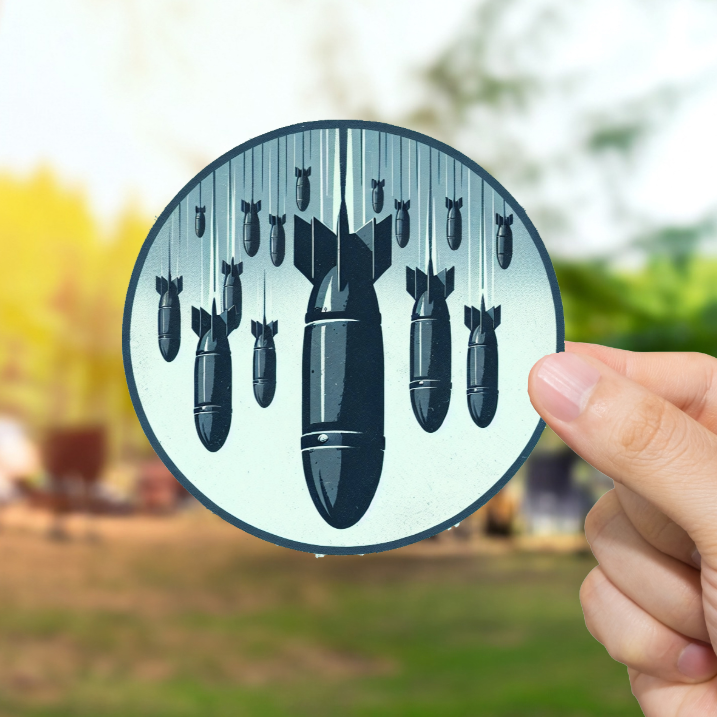 Hand holding a circular object with black bullet-like shapes against a blurred outdoor background