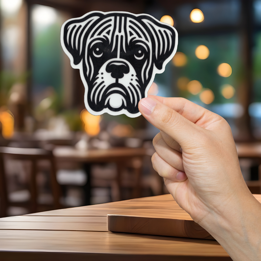 Hand holding a black and white Boxer dog sticker in a restaurant setting