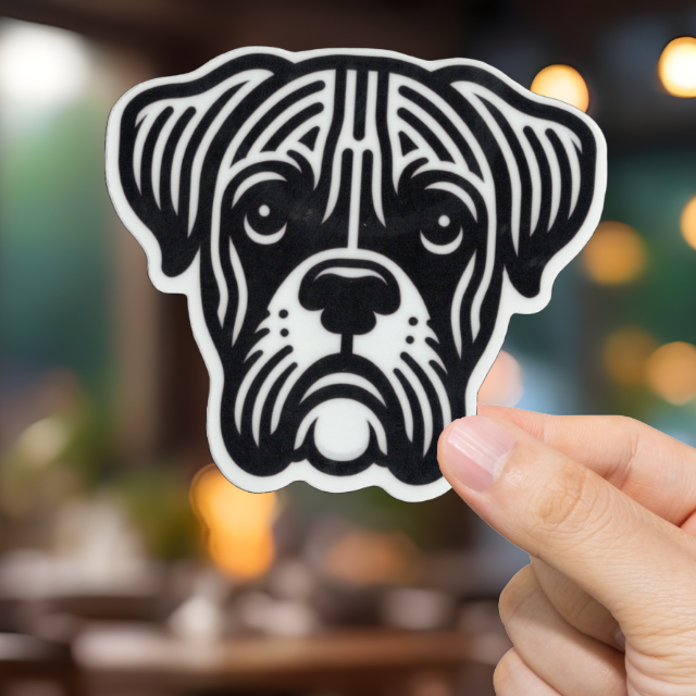 Hand holding a black and white Boxer dog sticker in a restaurant setting