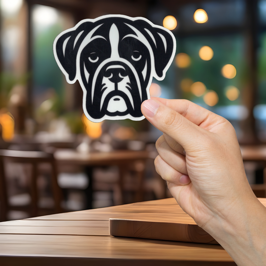 Hand holding a black and white Boxer dog sticker in front of a blurred restaurant setting