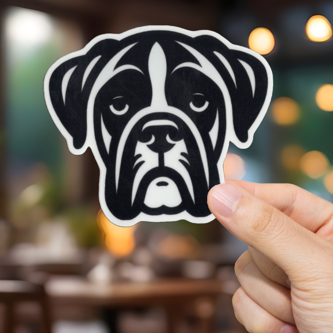 Hand holding a black and white Boxer dog sticker in front of a blurred restaurant setting