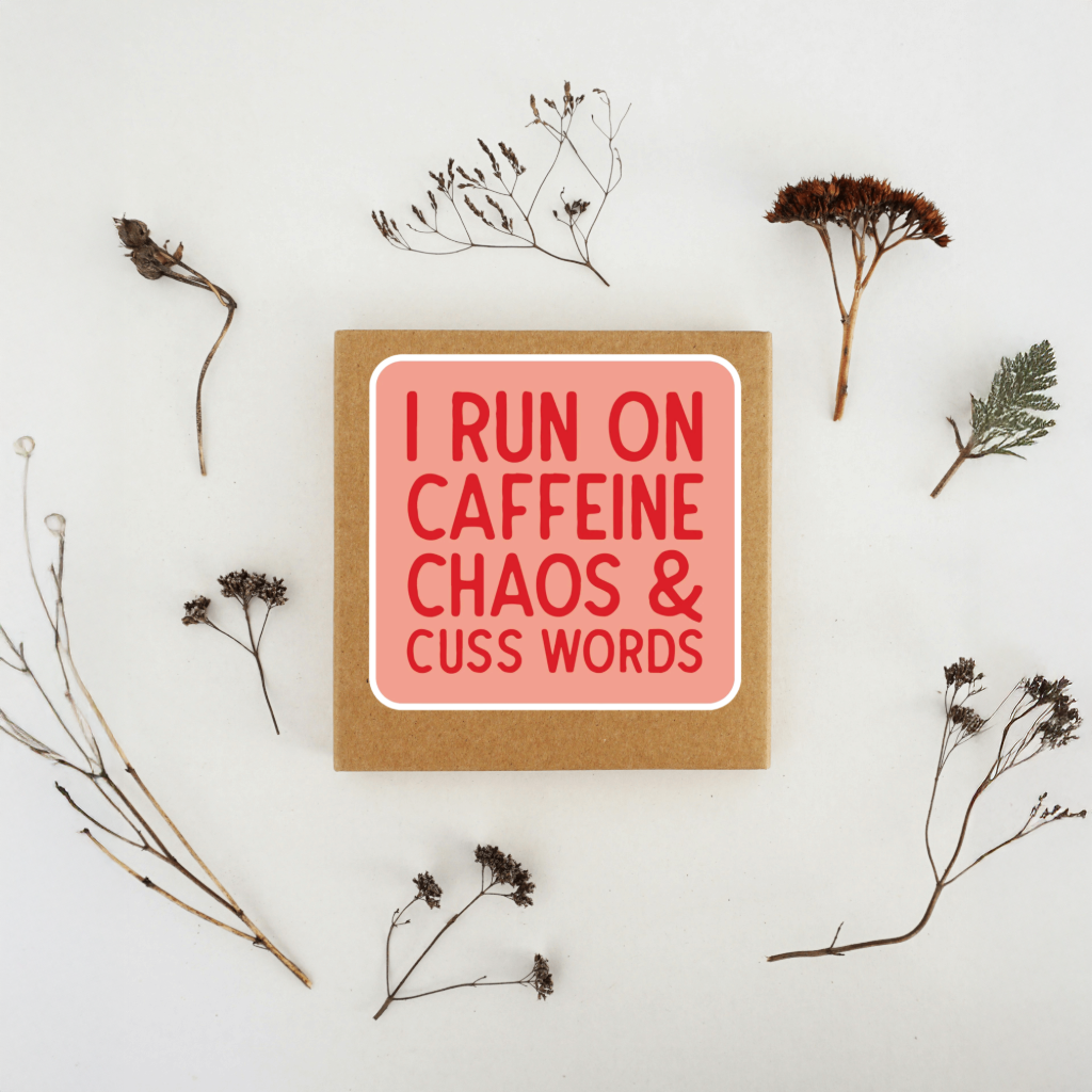 Our Caffeine Chaos &amp; Cuss Sticker! unique, high-quality, vinyl die-cut sticker.