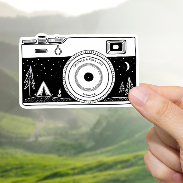 Durable, vinyl, die-cut, Camping Camera Sticker.