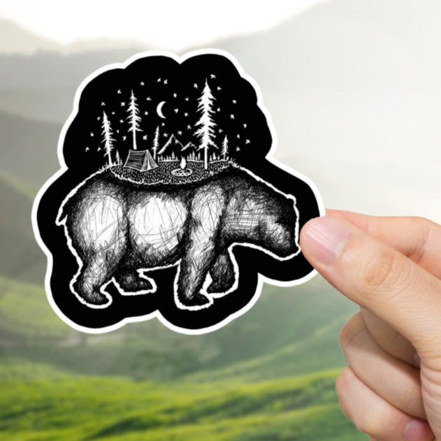 Durable, vinyl, die-cut, Campsite Bear Sticker.