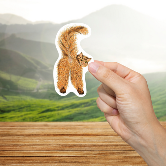 Hand holding a sticker of a cat with a bushy tail and but hole against a scenic background