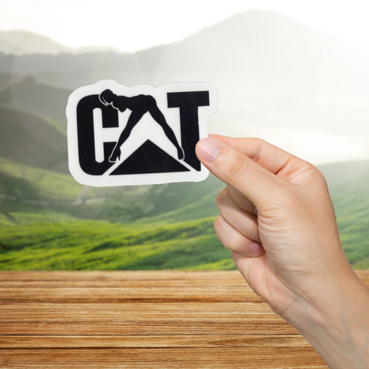 Hand holding a sticker with a CAT logo with the A being a woman against a scenic background