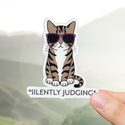 Hand holding a sticker of a cat with sunglasses and 'SILENTLY JUDGING' text against a scenic background.