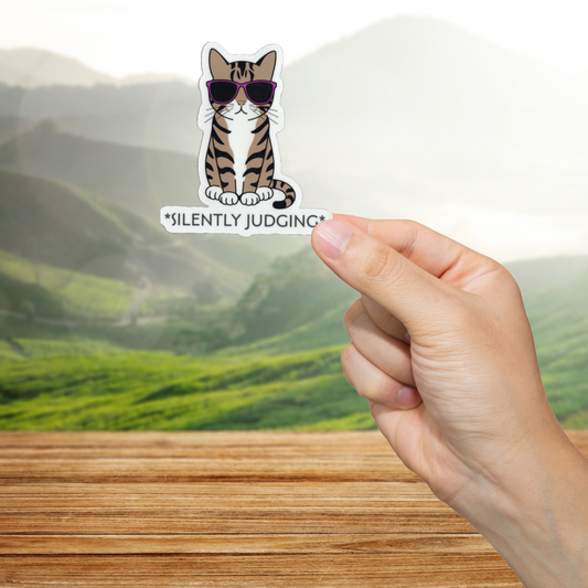 Hand holding a sticker of a cat with sunglasses and 'SILENTLY JUDGING' text against a scenic background.