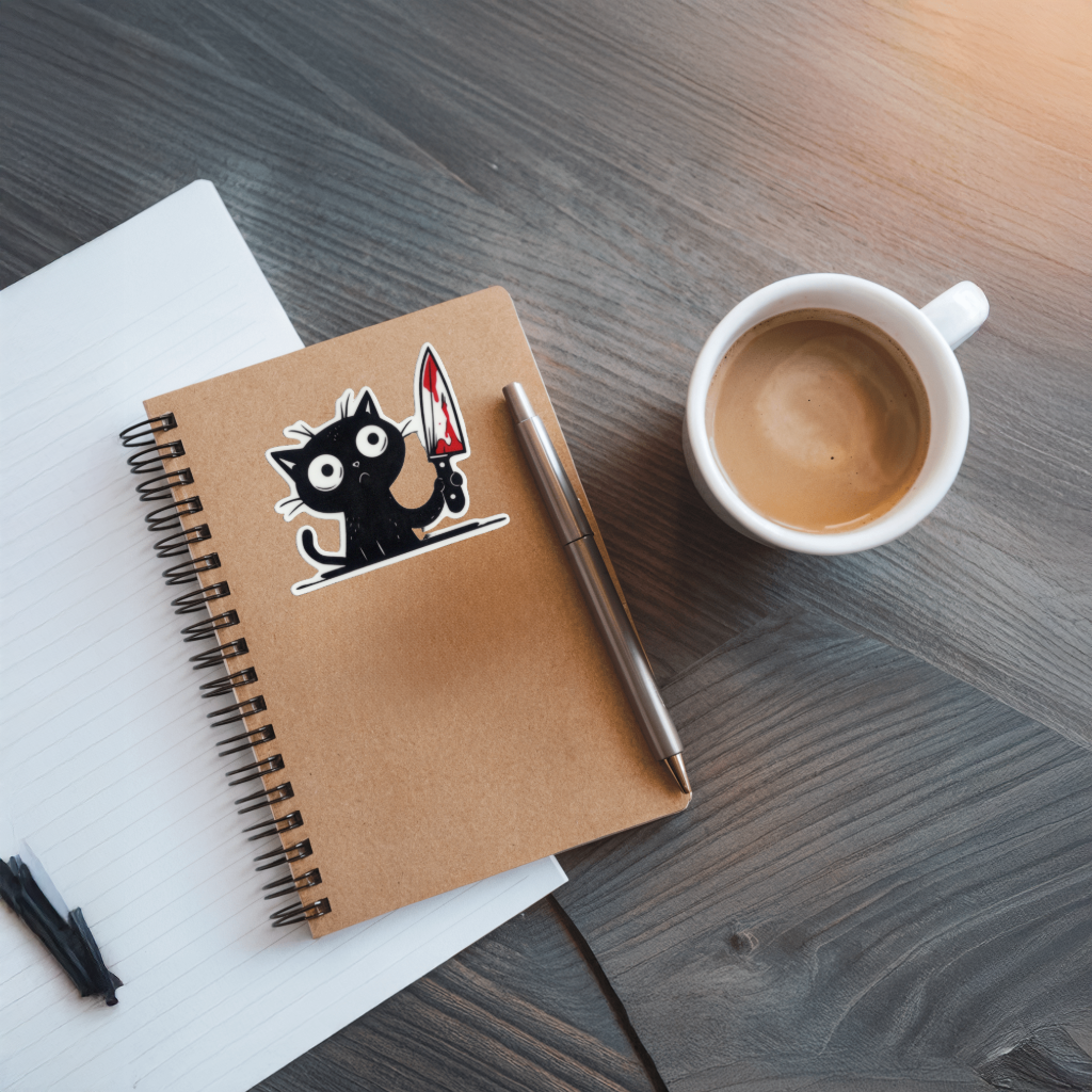 Durable vinyl, die-cut Black Cat Holding Knife Sticker.