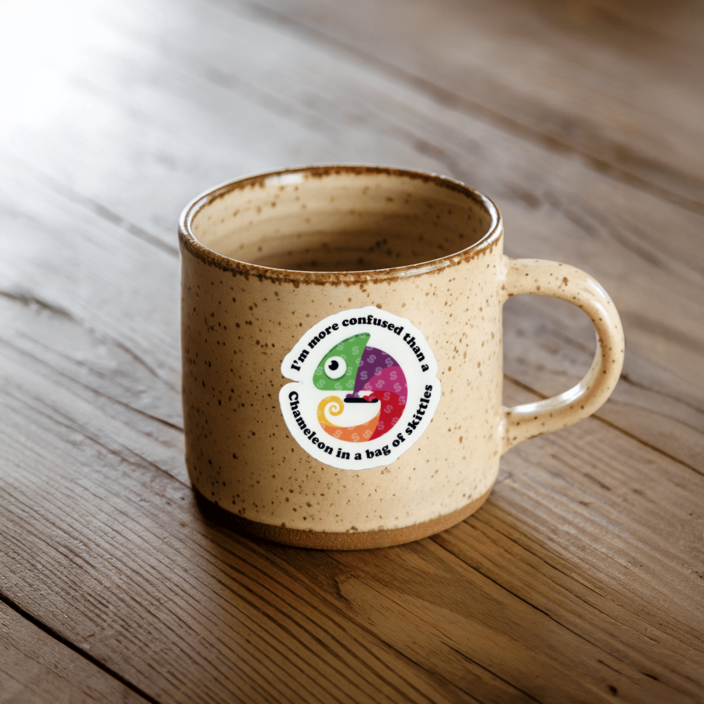Durable vinyl, die-cut Confused Chameleon Sticker.