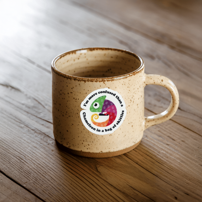Durable vinyl, die-cut Confused Chameleon Sticker.