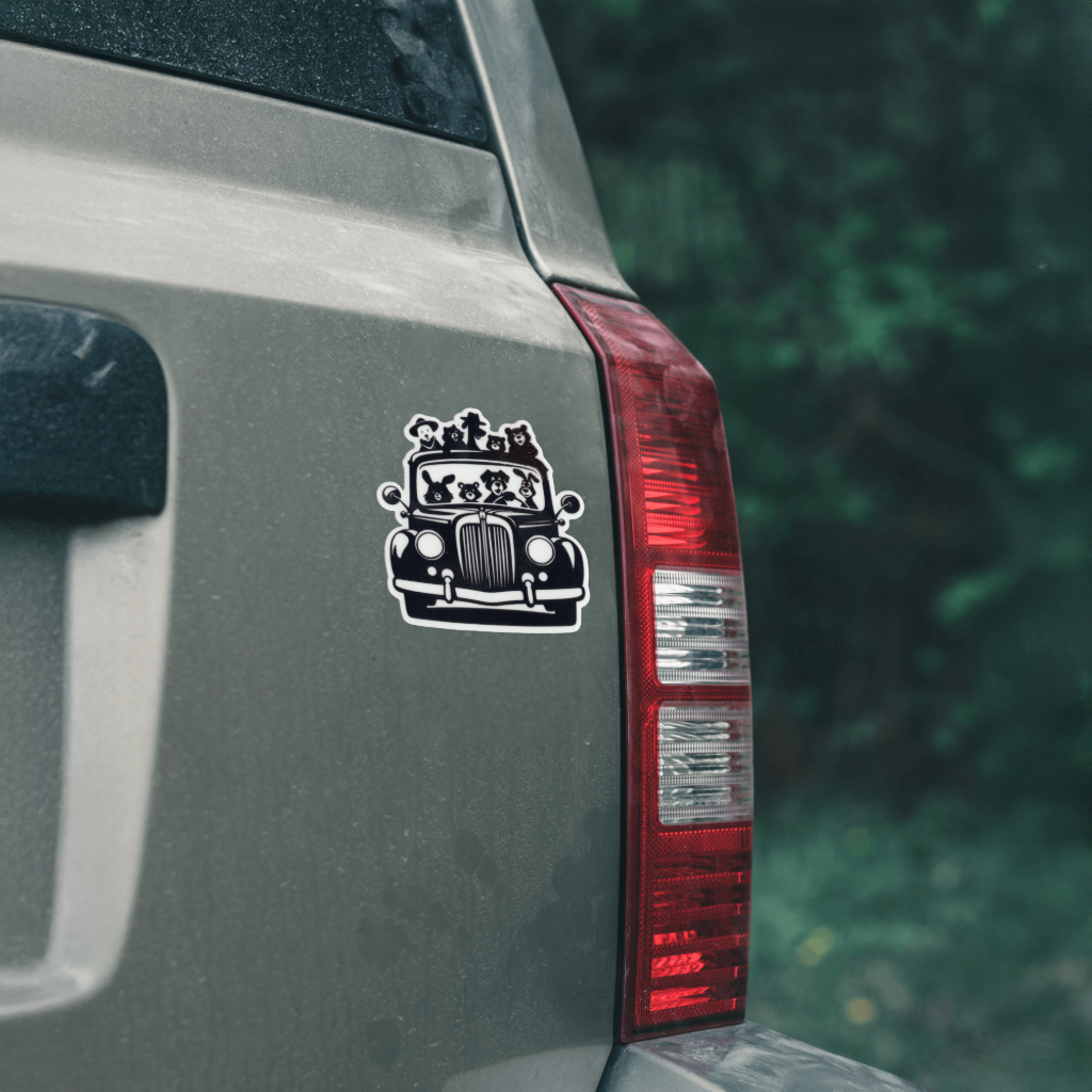 Durable vinyl, die-cut Carload Of Critters Sticker.