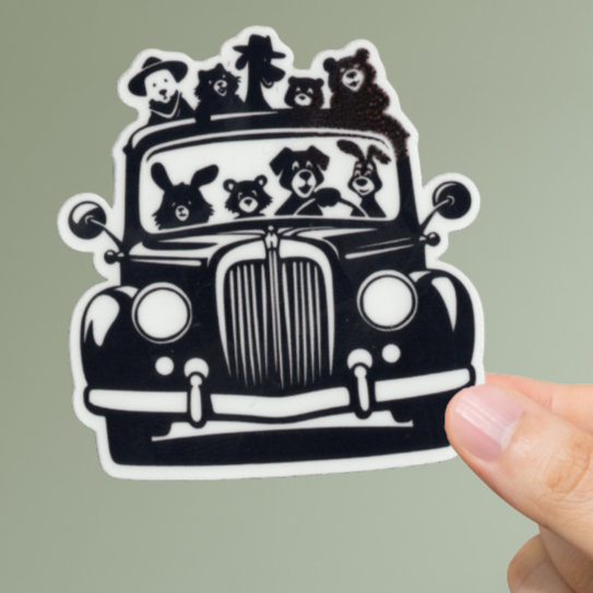 Durable, vinyl, die-cut, Carload Of Critters Sticker.