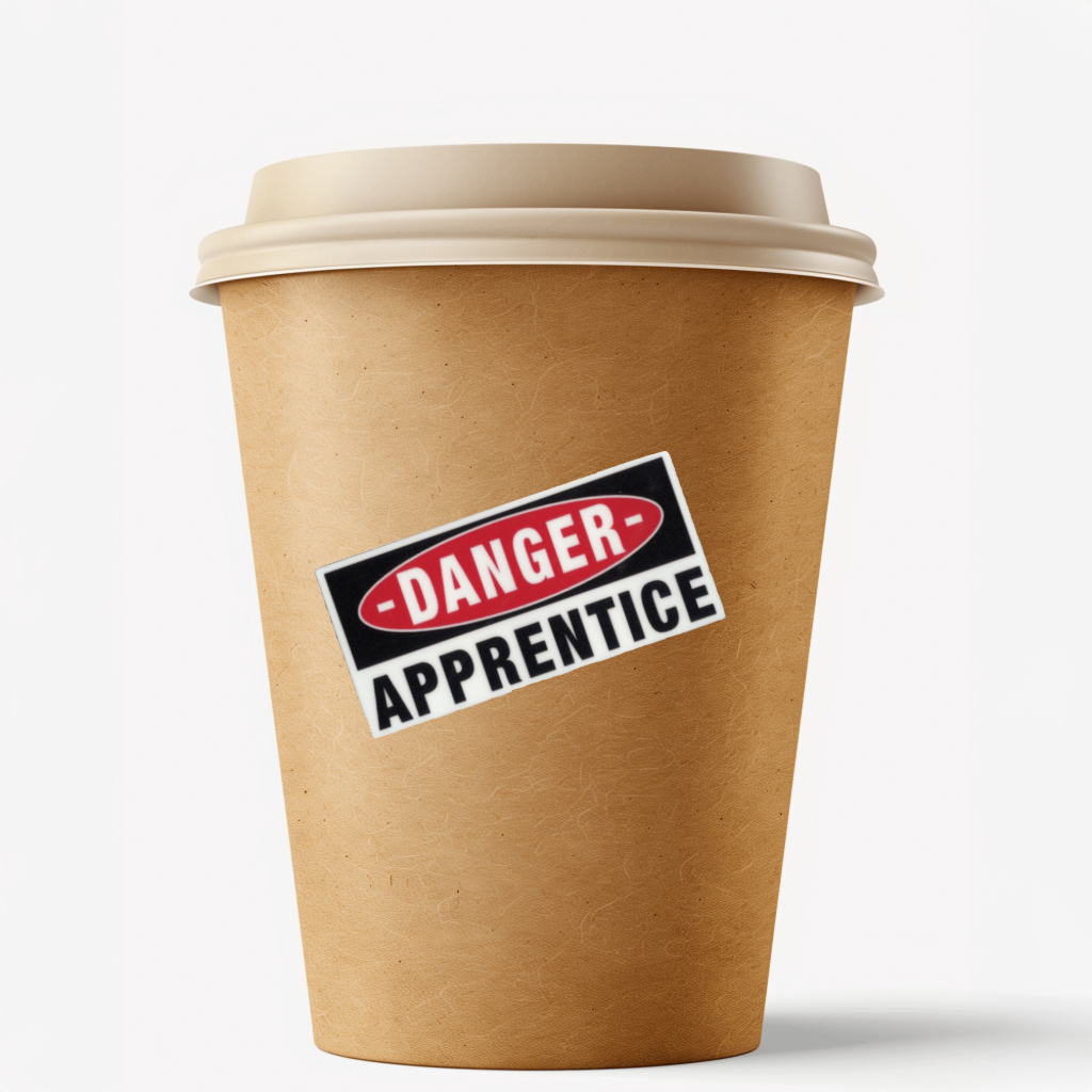 Durable, vinyl, die-cut Danger Apprentice Sticker.