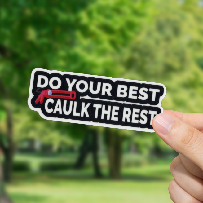 Hand holding a sticker with text 'Do your best, caulk the rest' against a blurred green outdoor background