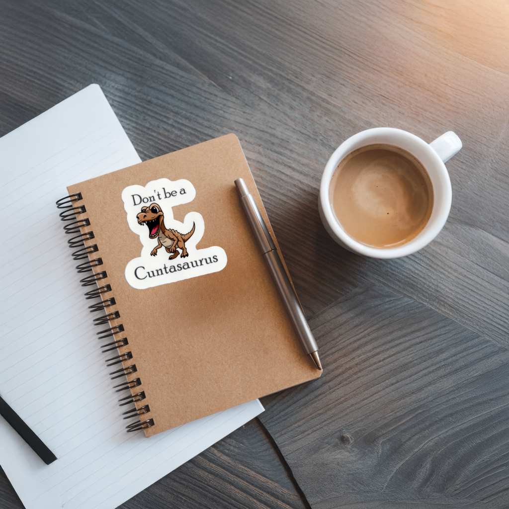 Durable, vinyl, die-cut, Don't Be A Cuntasaurus Sticker.