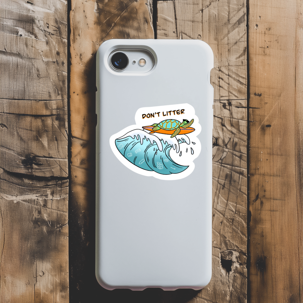 Durable, die-cut, Don't Litter Turtle Wave Sticker