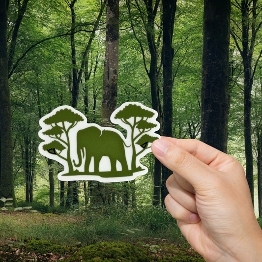 Durable vinyl, die-cut Elephant In The Trees Sticker.