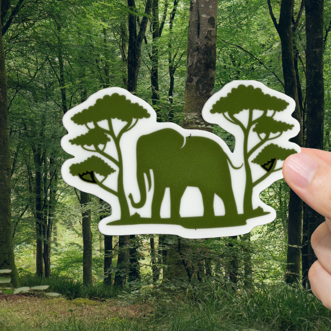 Durable vinyl, die-cut Elephant In The Trees Sticker.