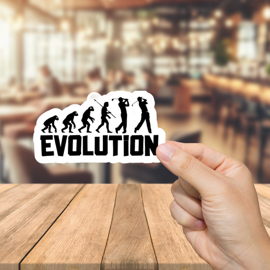 Hand holding a 'Evolution' sticker over a blurred bar background