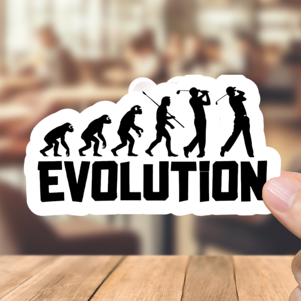 Hand holding a 'Evolution' sticker over a blurred bar background