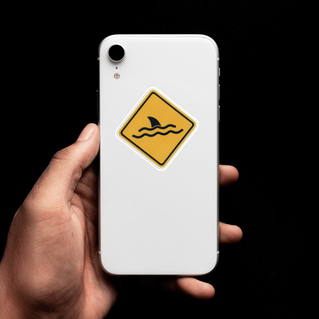 Durable, vinyl, die-cut, Fin Warning Sticker.