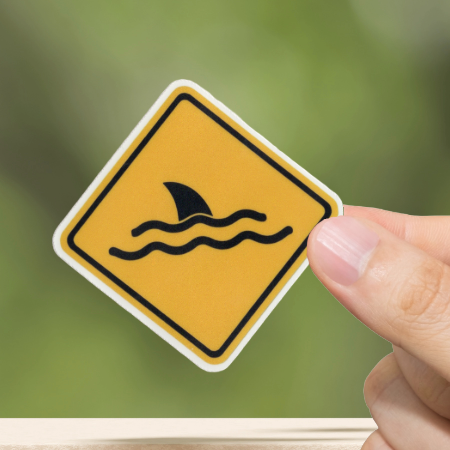Durable, vinyl, die-cut, Fin Warning Sticker.