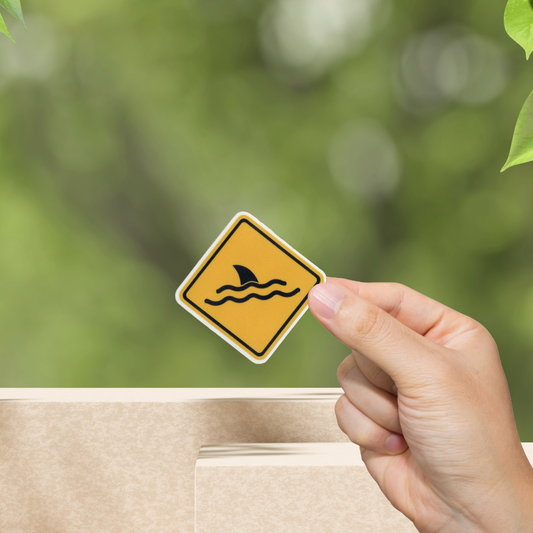 Durable, vinyl, die-cut, Fin Warning Sticker.