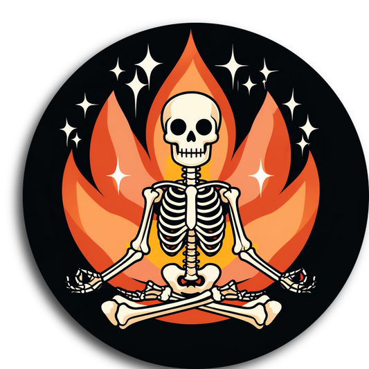 Durable, vinyl, die-cut, Skeleton Meditating Sticker.