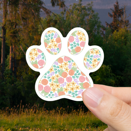 Durable, die-cut, vinyl, Floral Paw Sticker.