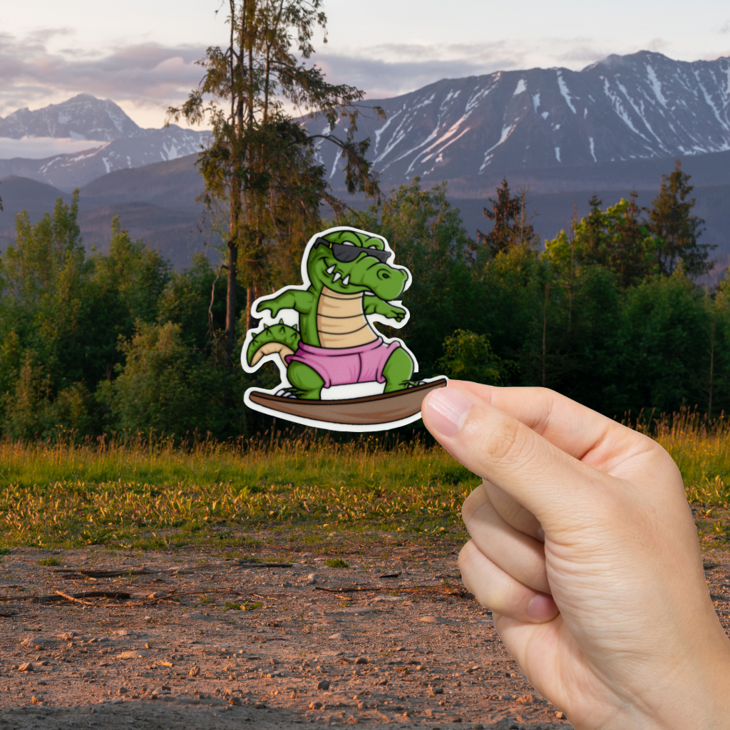 Durable, vinyl, die-cut, Gator Surfing Sticker.