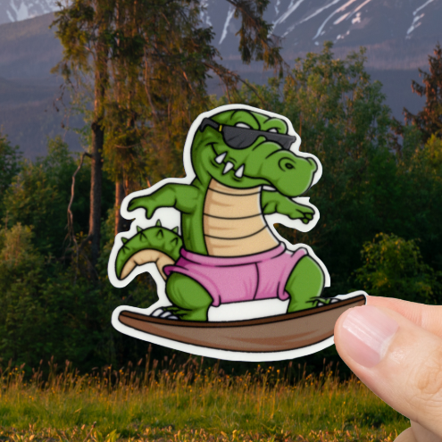 Durable, vinyl, die-cut, Gator Surfing Sticker.