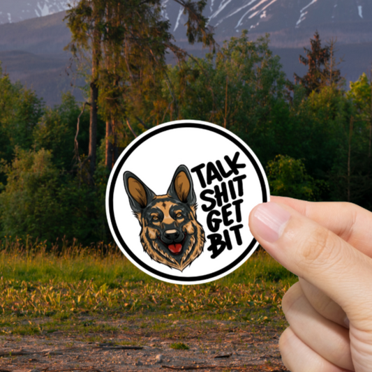 Durable, vinyl, die-cut, Talk Shit Get Bit Sticker.