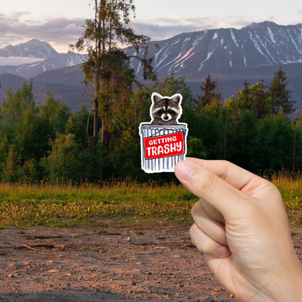Durable, vinyl, die-cut, Getting Trashy Sticker.