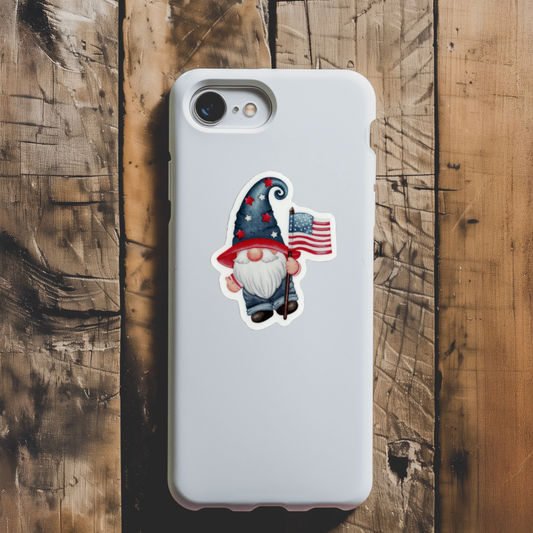 Durable, vinyl, die-cut, Gnome Holding a USA Flag Sticker