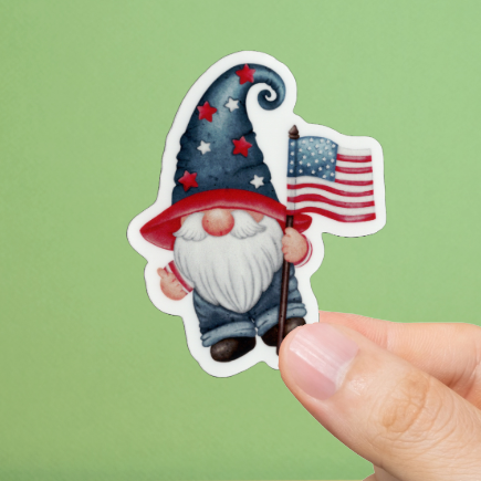 Durable, vinyl, die-cut, Gnome Holding a USA Flag Sticker