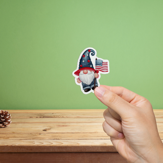 Durable, vinyl, die-cut, Gnome Holding a USA Flag Sticker