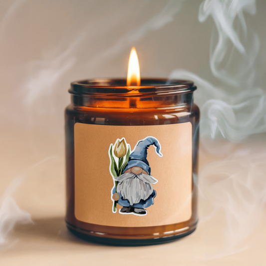 Durable, vinyl, die-cut, Gnome Holding a Rose Sticker.