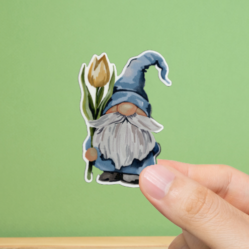 Durable, vinyl, die-cut, Gnome Holding a Rose Sticker.