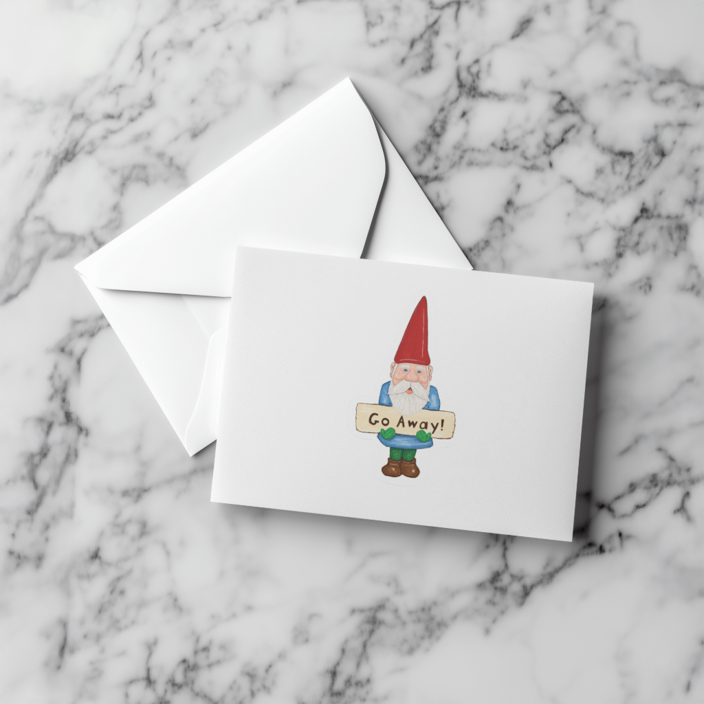 Durable, vinyl, die-cut, Go Away Gnome Sticker.