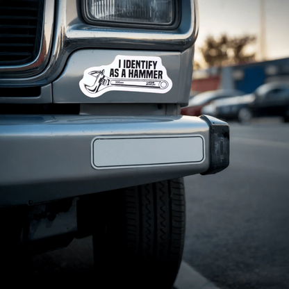 Durable, vinyl, die-cut, I Identify As A Hammer Sticker.