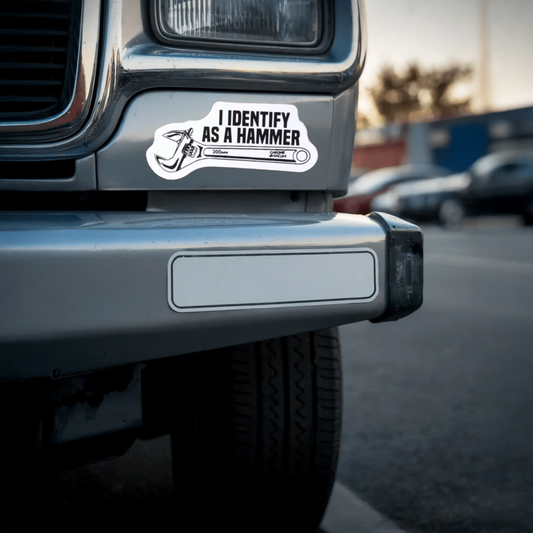Durable, vinyl, die-cut, I Identify As A Hammer Sticker.