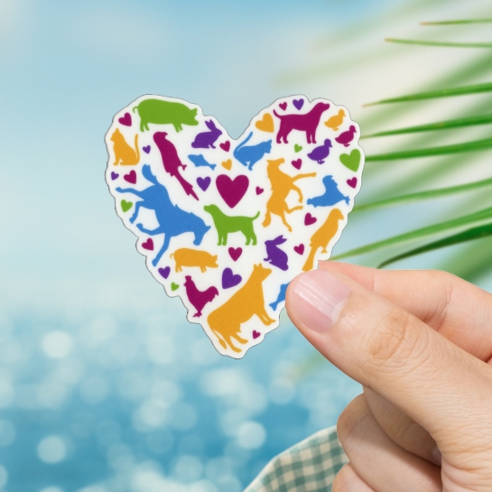 Durable, vinyl, die-cut, Heart With Animals Sticker.