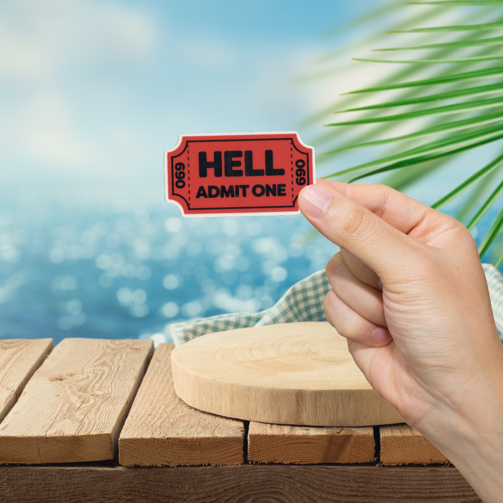 Durable, vinyl, die-cut, Hell Admit One 69 Sticker.