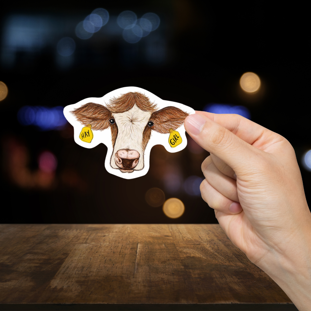 Durable, vinyl, die-cut, Hey Girl Cow Sticker.