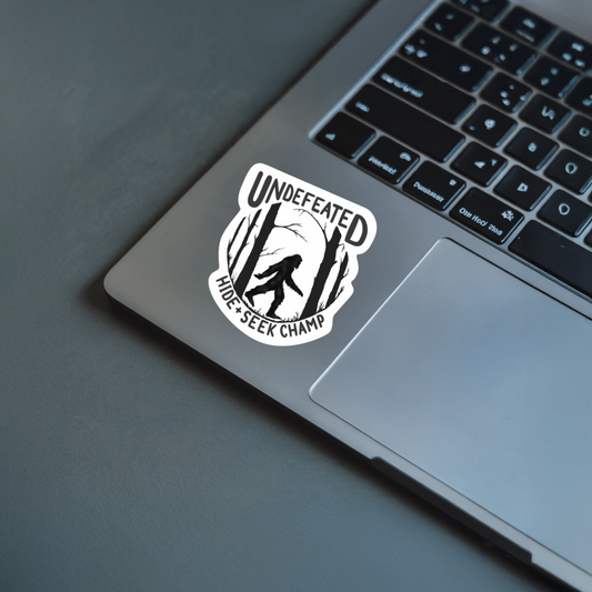 Durable, vinyl, die-cut, Hide And Seek Champ Sticker.