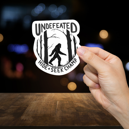 Durable, vinyl, die-cut, Hide And Seek Champ Sticker.