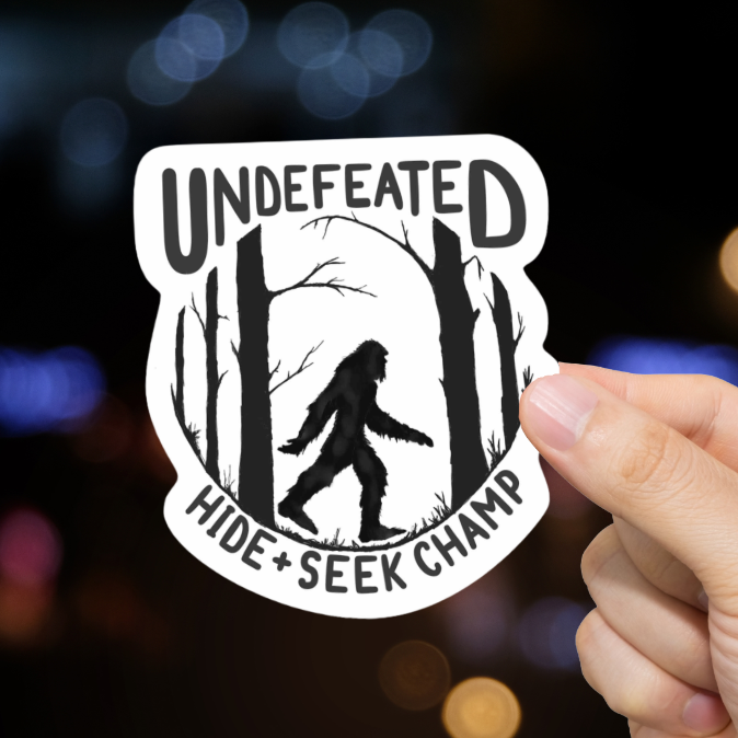 Durable, vinyl, die-cut, Hide And Seek Champ Sticker.