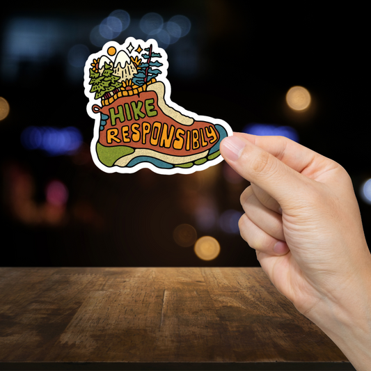 Durable, die-cut, vinyl, Hike Responsibly Sticker.